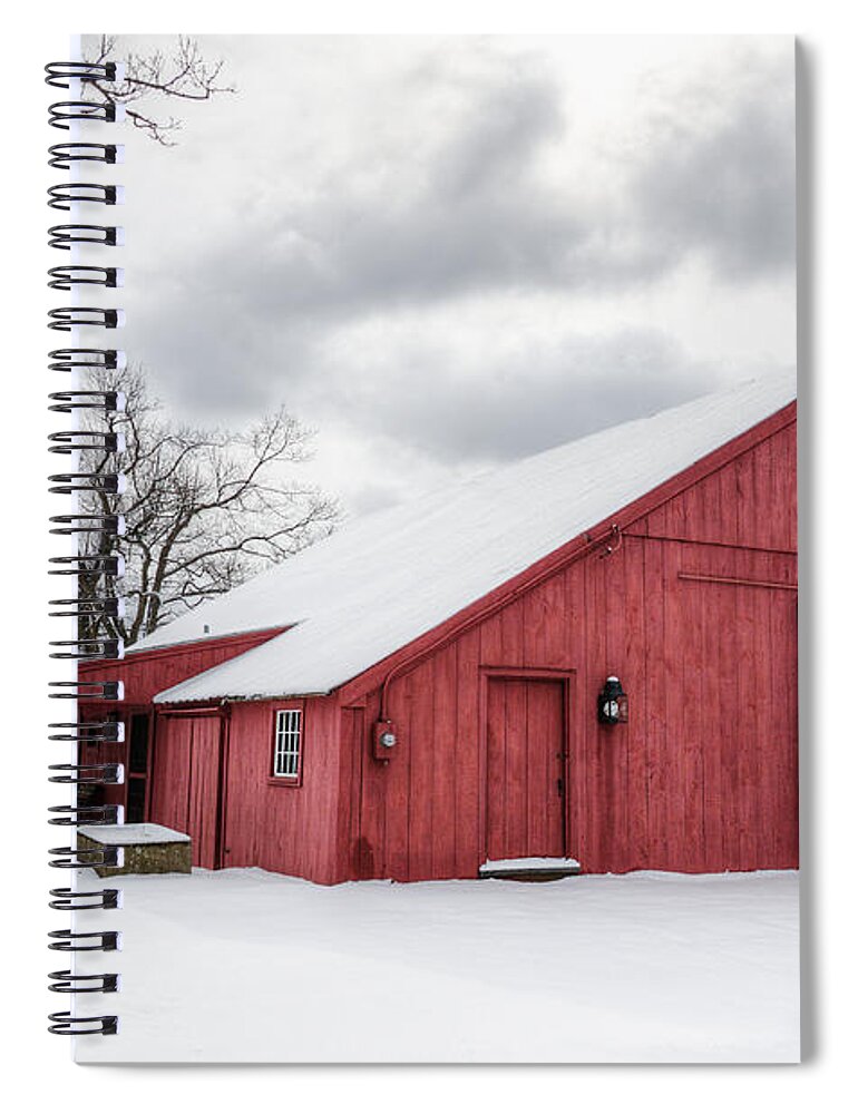 Landscape Spiral Notebook featuring the digital art Red Barn on Wintry Day by Donna Doherty