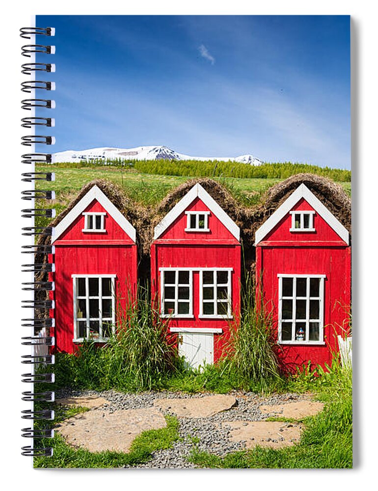 Elf Houses Spiral Notebook featuring the photograph Red elf houses in Iceland for the Icelandic hidden people by Matthias Hauser