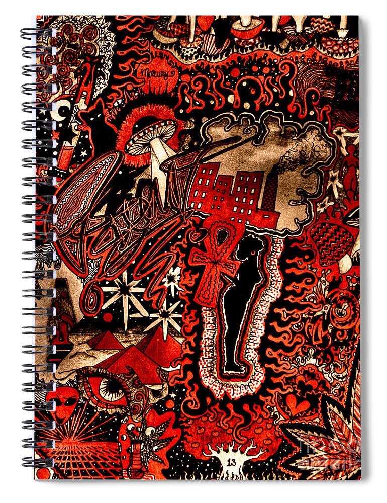 Aliens Spiral Notebook featuring the drawing Red Existence by Baruska A Michalcikova