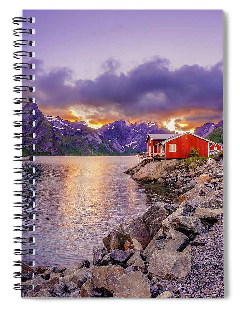 Lofoten Spiral Notebook featuring the photograph Red hut in a midnight sun by Dmytro Korol