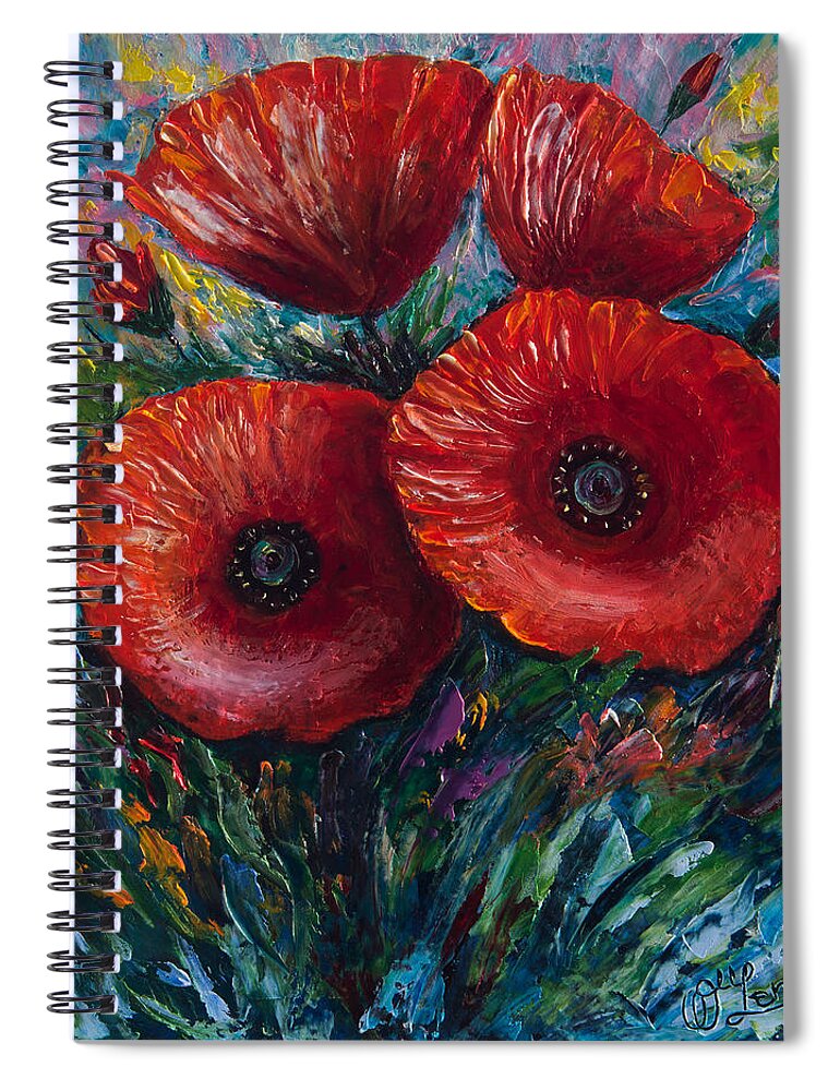  Spiral Notebook featuring the painting Red Poppies by Lena Owens - OLena Art Vibrant Palette Knife and Graphic Design