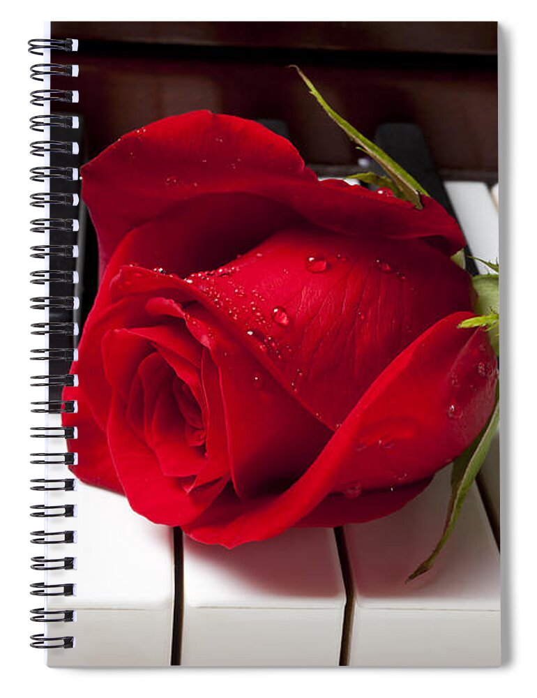 Red Rose Roses Spiral Notebook featuring the photograph Red rose on piano keys by Garry Gay