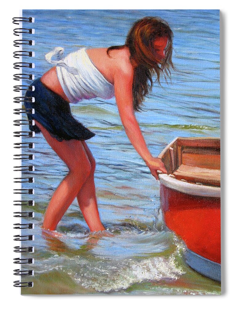 Girl At Shore Spiral Notebook featuring the painting Red Rowboat by Marie Witte