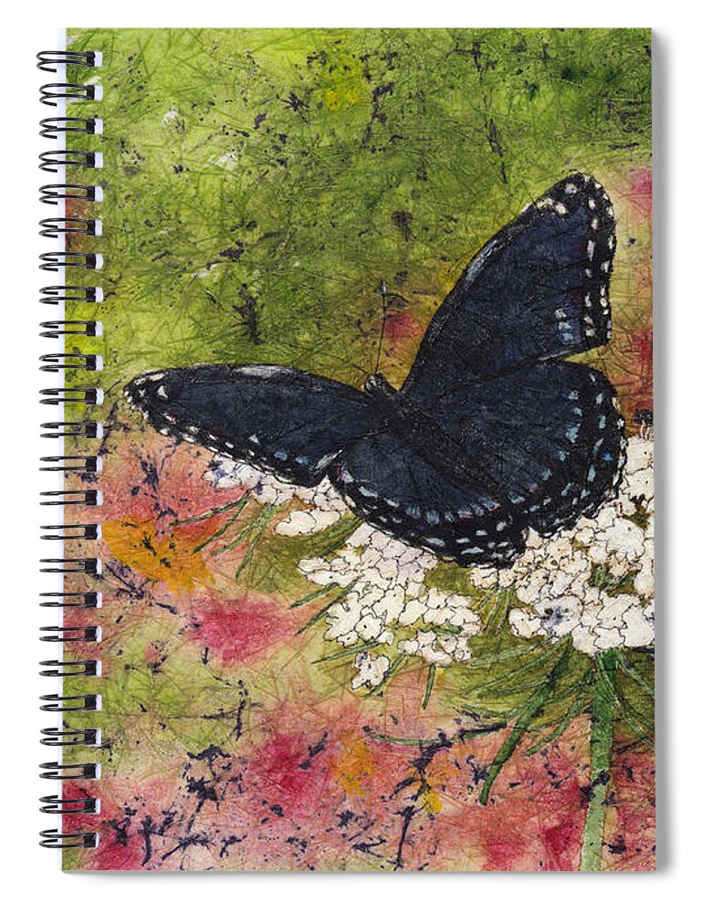 Butterfly Spiral Notebook featuring the painting Red Spotted Purple Butterfly Queen Annes Lace Batik by Conni Schaftenaar