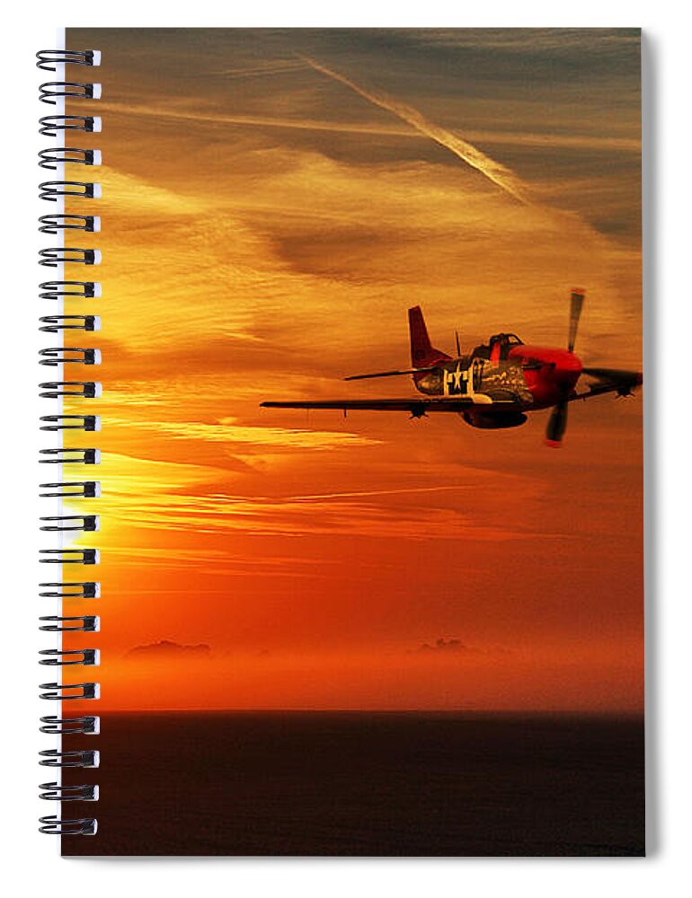 P51 Spiral Notebook featuring the digital art Red Tail Sunrise by Airpower Art