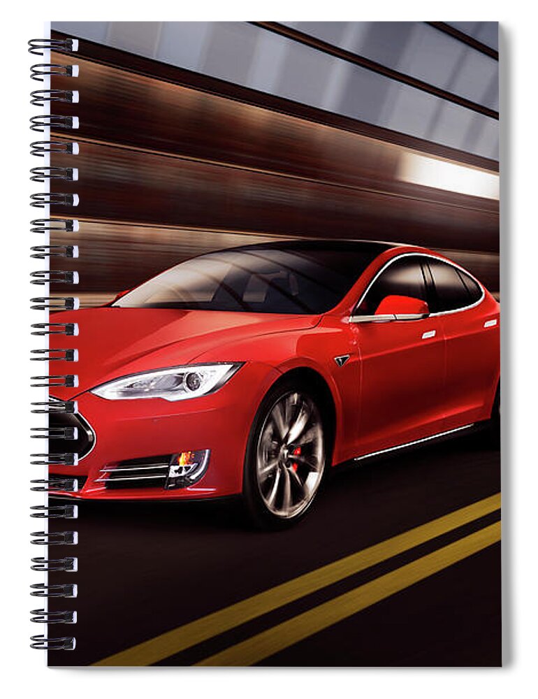 Tesla Spiral Notebook featuring the photograph Red Tesla Model S red luxury electric car speeding in a tunnel by Maxim Images Exquisite Prints