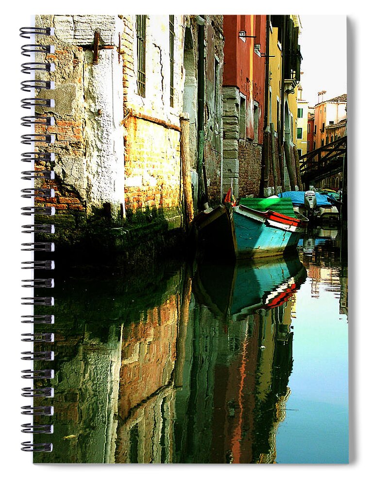 Venice Spiral Notebook featuring the photograph Reflection of the Wooden Boat by Donna Corless
