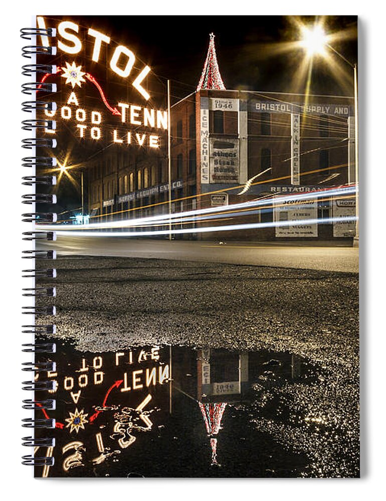 Bristol Spiral Notebook featuring the photograph Reflections of the Bristol Sign by Greg Booher