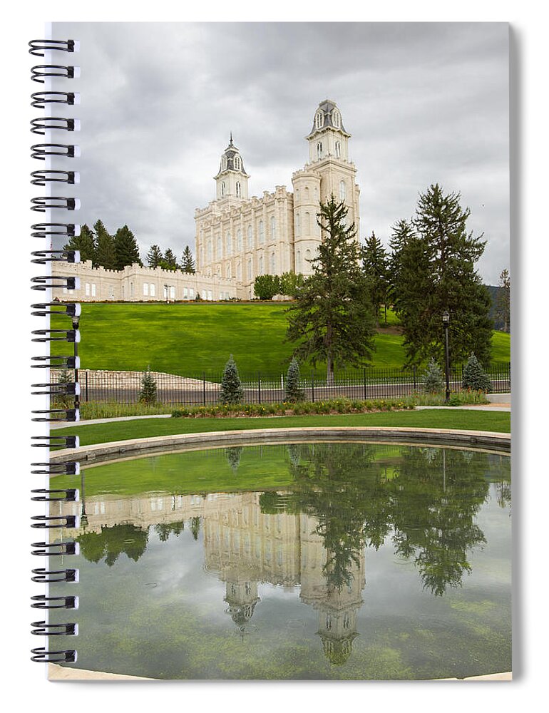 Temples Spiral Notebook featuring the photograph Reflections of the Manti Temple at Pioneer Heritage Gardens by Denise Bird