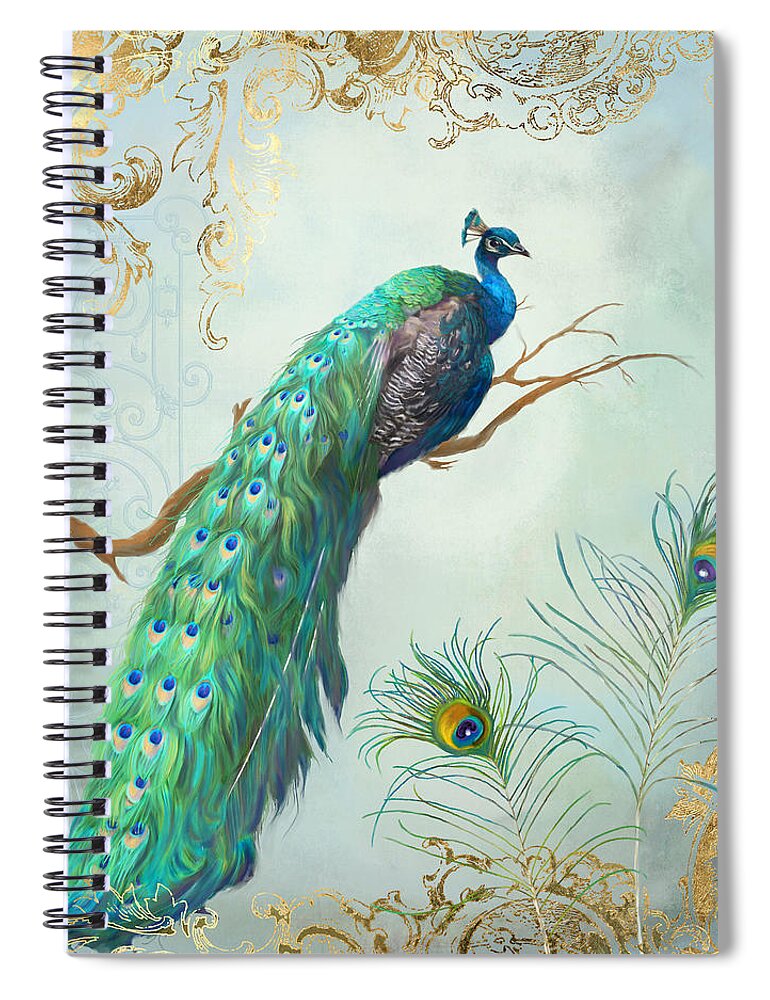Peacock On Tree Branch Spiral Notebook featuring the painting Regal Peacock 1 on Tree Branch w Feathers Gold Leaf by Audrey Jeanne Roberts