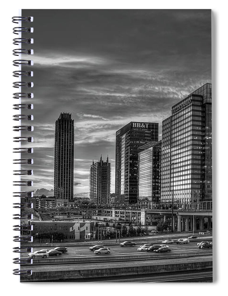 Reid Callaway Midtown Atlanta Images Spiral Notebook featuring the photograph Resplendent Sunset Reflections B W Midtown Atlantic Station 17th Street Bridge by Reid Callaway