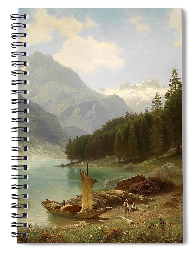 August Friedrich Kessler Spiral Notebook featuring the painting Resting by the Mountain Lake by August Friedrich Kessler