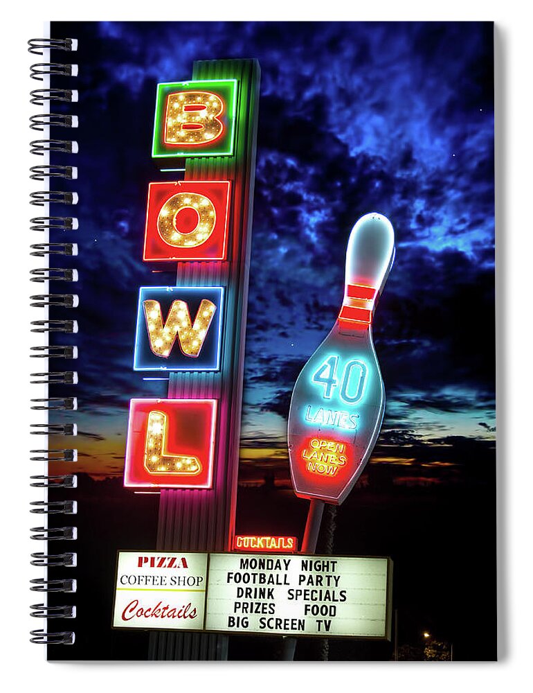 Bowling Spiral Notebook featuring the photograph Retro Bowling Alley Sign by Mark Andrew Thomas