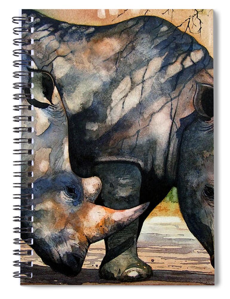 Rhino Spiral Notebook featuring the painting Rhinos in dappled shade. by Paul Dene Marlor