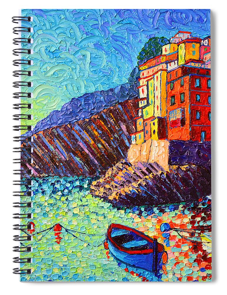Riomaggiore Spiral Notebook featuring the painting Riomaggiore Sunset - Cinque Terre Italy - Palette Knife Oil Painting By Ana Maria Edulescu by Ana Maria Edulescu