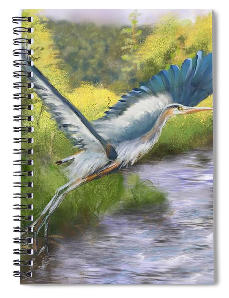 Great Blue Heron Spiral Notebook featuring the painting Rising Free by Susan Sarabasha