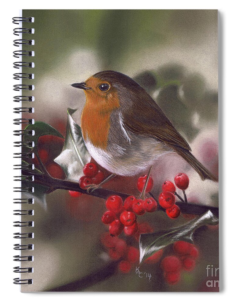 Robin Spiral Notebook featuring the pastel Robin and Berries by Karie-ann Cooper