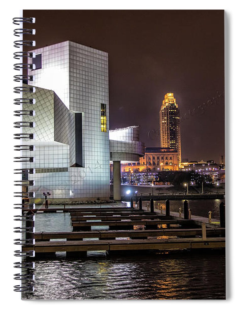 Cleveland Spiral Notebook featuring the photograph Rock Hall of Fame and Cleveland Skyline by Peter Ciro