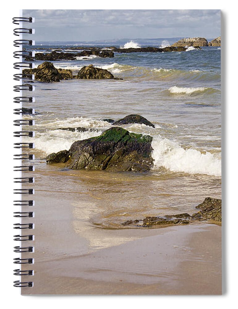 Rocks Spiral Notebook featuring the photograph Rocks, waves, sand and sky reflection. by Elena Perelman