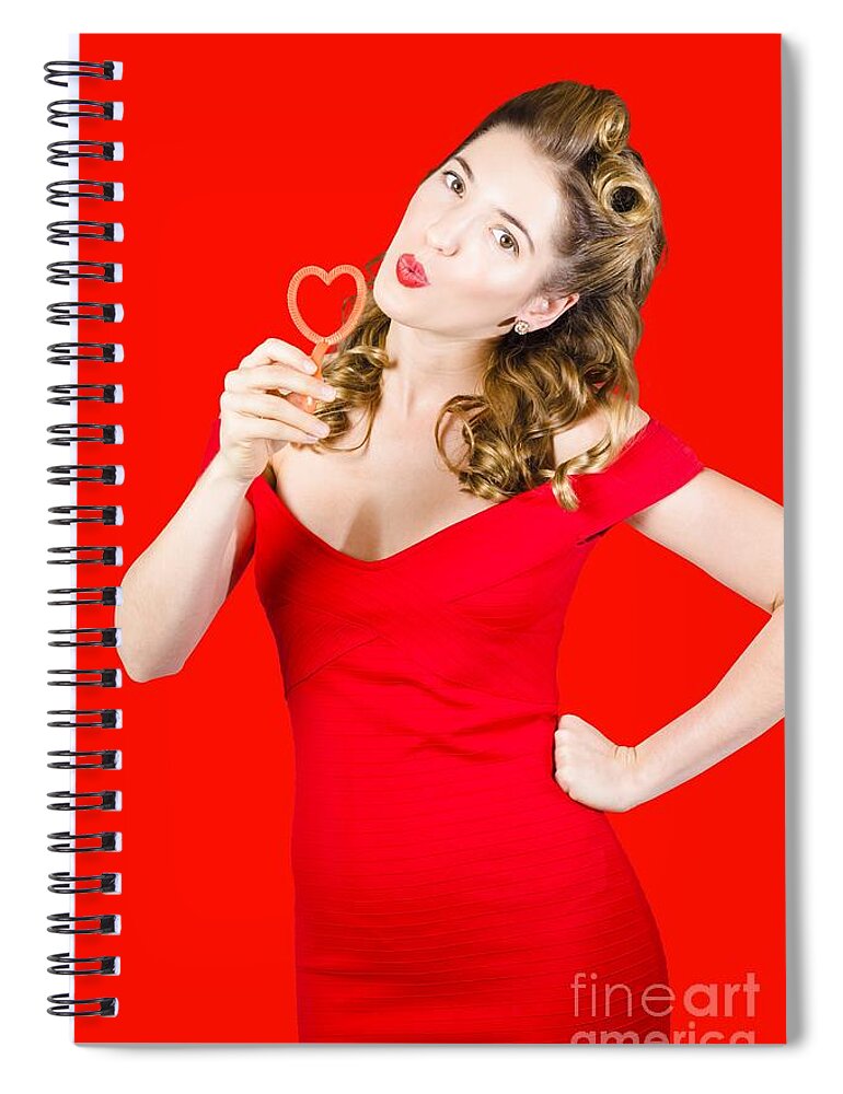 Valentines Day Spiral Notebook featuring the photograph Romantic blond pin-up lady blowing party bubbles by Jorgo Photography