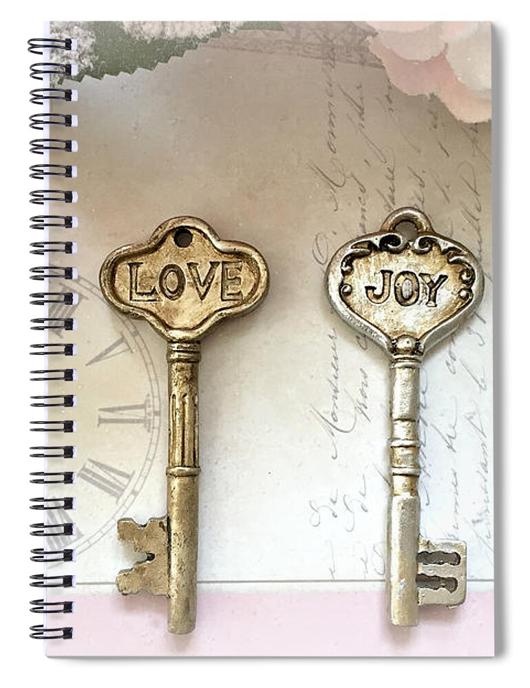 Paris Spiral Notebook featuring the photograph Love Joy Shabby Chic Vintage Keys - Gold and Silver Skeleton Keys Love Joy Home Decor by Kathy Fornal