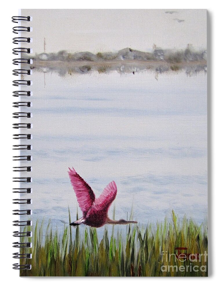 Roseate Spoonbill Spiral Notebook featuring the painting Roseate Spoonbill Flight Over the Bay by Jimmie Bartlett