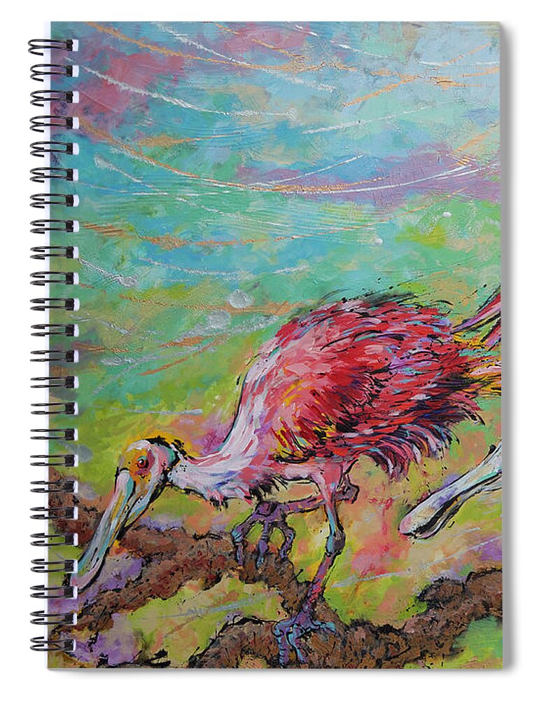 The Roseate Spoonbill Spiral Notebook featuring the painting Roseate Spoonbills by Jyotika Shroff