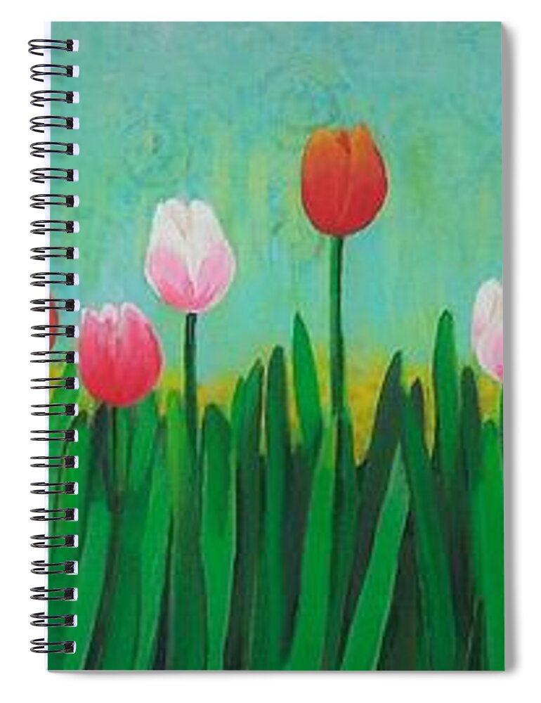 Tulips Spiral Notebook featuring the painting Row of tulips by Cami Lee