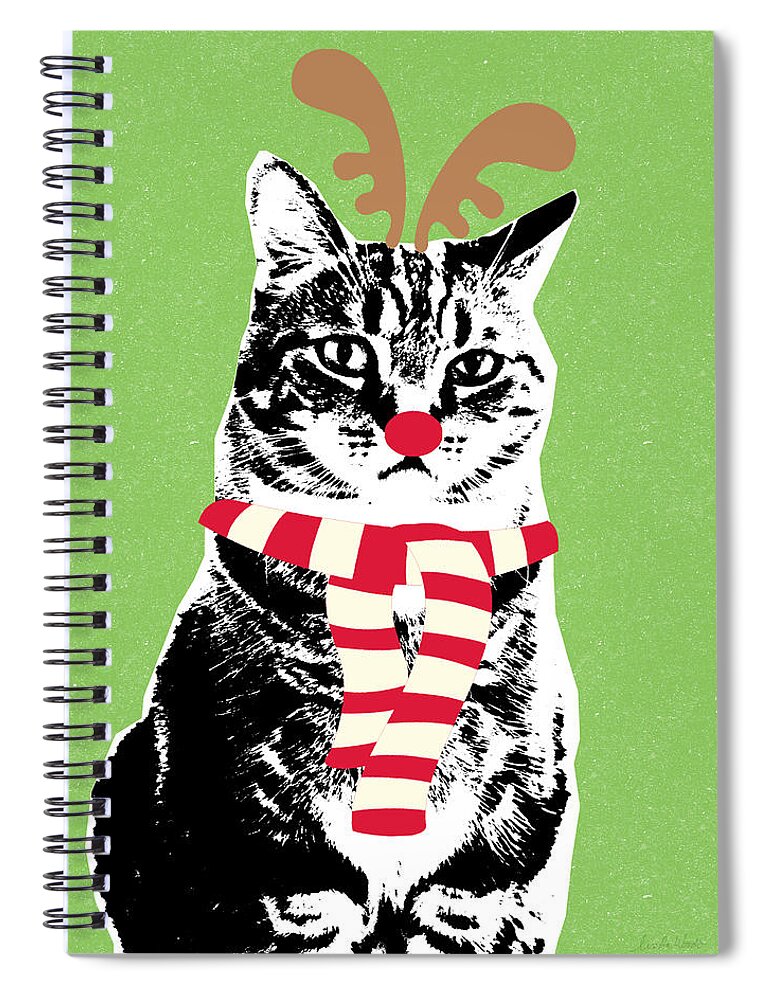 Reindeer Cat Spiral Notebook featuring the mixed media Rudolph The Red Nosed Cat- Art by Linda Woods by Linda Woods