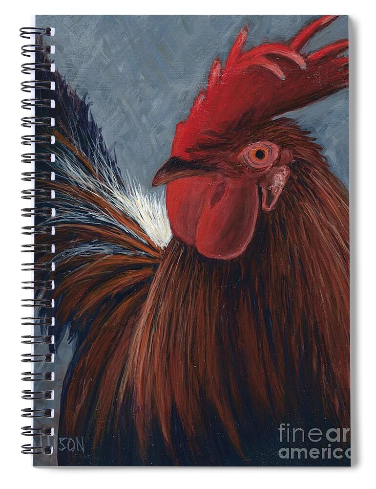 #rooster #barnyard #chickens #animals #henhouse Spiral Notebook featuring the painting Rudy the Rooster by Allison Constantino