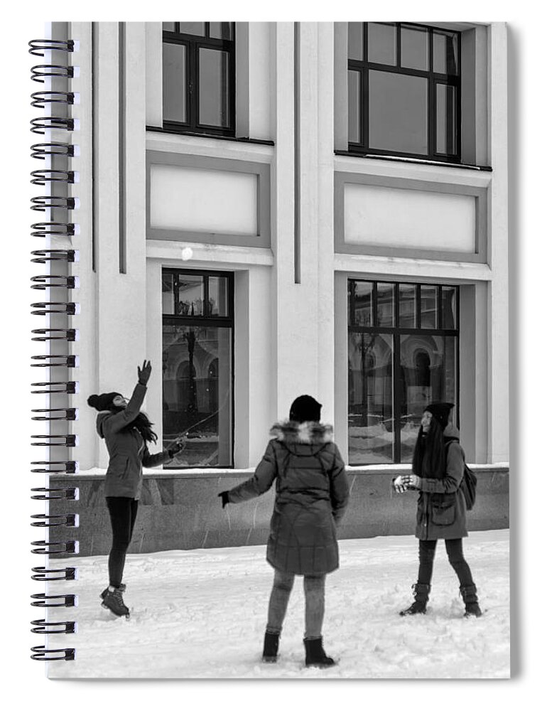 Online Gallery Spiral Notebook featuring the photograph Russian Girls Playing with Snowballs by John Williams