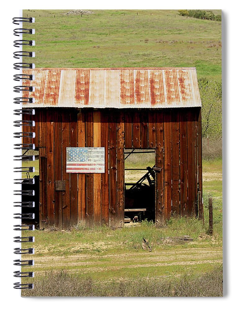 Soledad Spiral Notebook featuring the photograph Rustic Barn with Flag by Art Block Collections