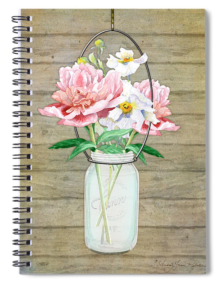 Watercolor Spiral Notebook featuring the painting Rustic Country Peony n Poppy Mason Jar Bouquet on Wooden Fence by Audrey Jeanne Roberts