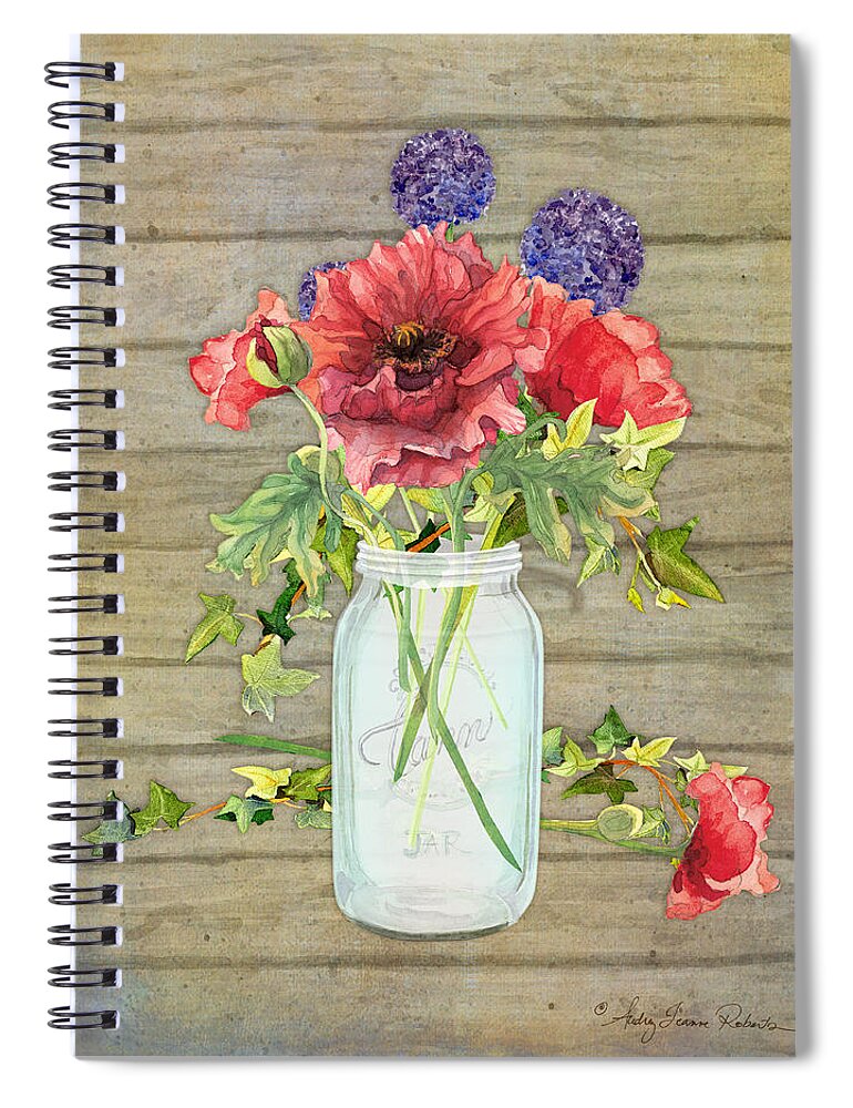 Watercolor Spiral Notebook featuring the painting Rustic Country Red Poppy w Alium n Ivy in a Mason Jar Bouquet on Wooden Fence by Audrey Jeanne Roberts
