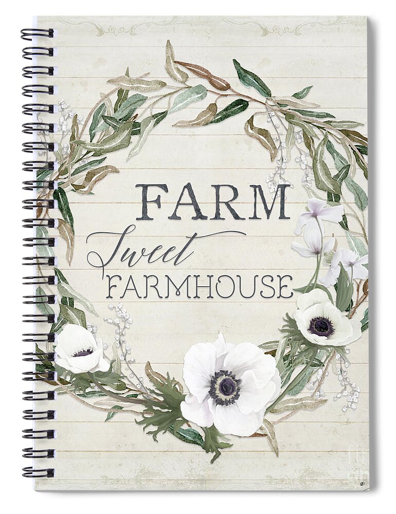 Gather Together Spiral Notebook featuring the painting Rustic Farm Sweet Farmhouse Shiplap Wood Boho Eucalyptus Wreath N Anemone Floral 2 by Audrey Jeanne Roberts