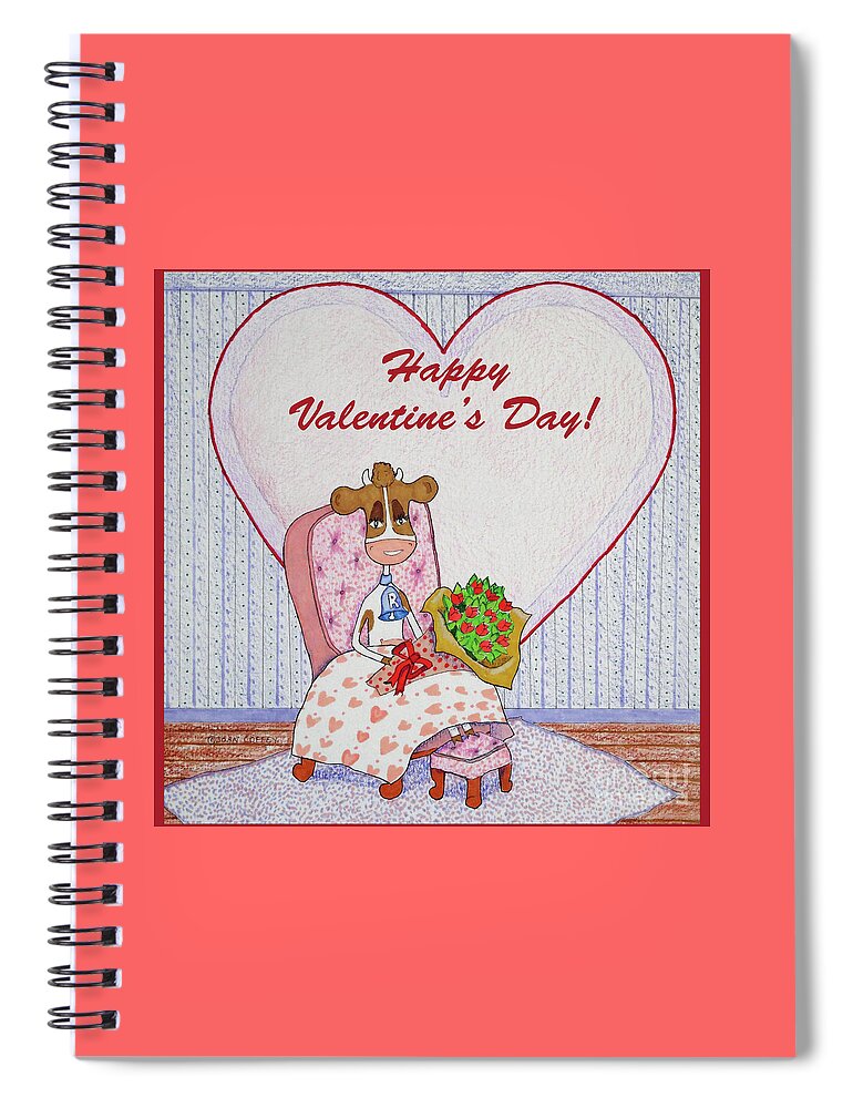 Ruthie-moo Spiral Notebook featuring the drawing Ruthie-Moo Flowers Happy Valentine's Day by Joan Coffey
