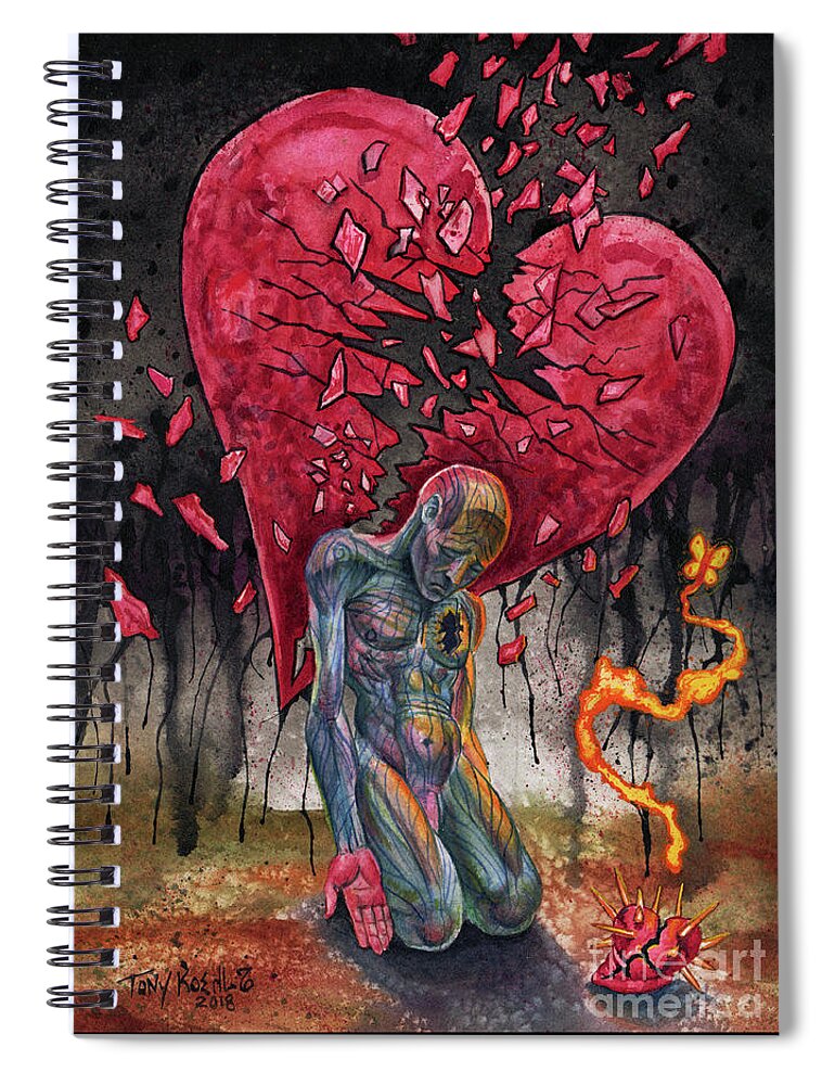 Tony Koehl; Sketch The Soul; Broken Heart; Sad; Sadness; Heart; Butterfly; 3rd Eye; Visionary; Artist; Watercolor; Painting; Red; Sad Soul; Hurt; Broken Spiral Notebook featuring the painting Sad to Know by Tony Koehl
