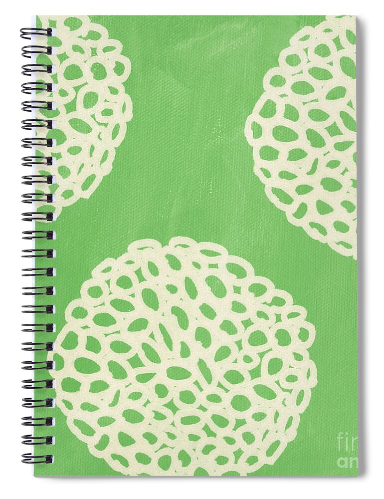 Sagegreen White Doodle Painting Abstract Ball Poof pottery Barn Style crate And Barrel Style west Elm Style ikea Style Pattern Dandelion Spiral Notebook featuring the painting Sage Garden Bloom by Linda Woods