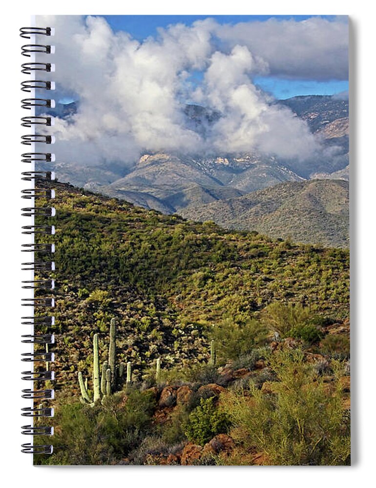 Scenic Spiral Notebook featuring the photograph Saguarros and Mountains by Theo O'Connor