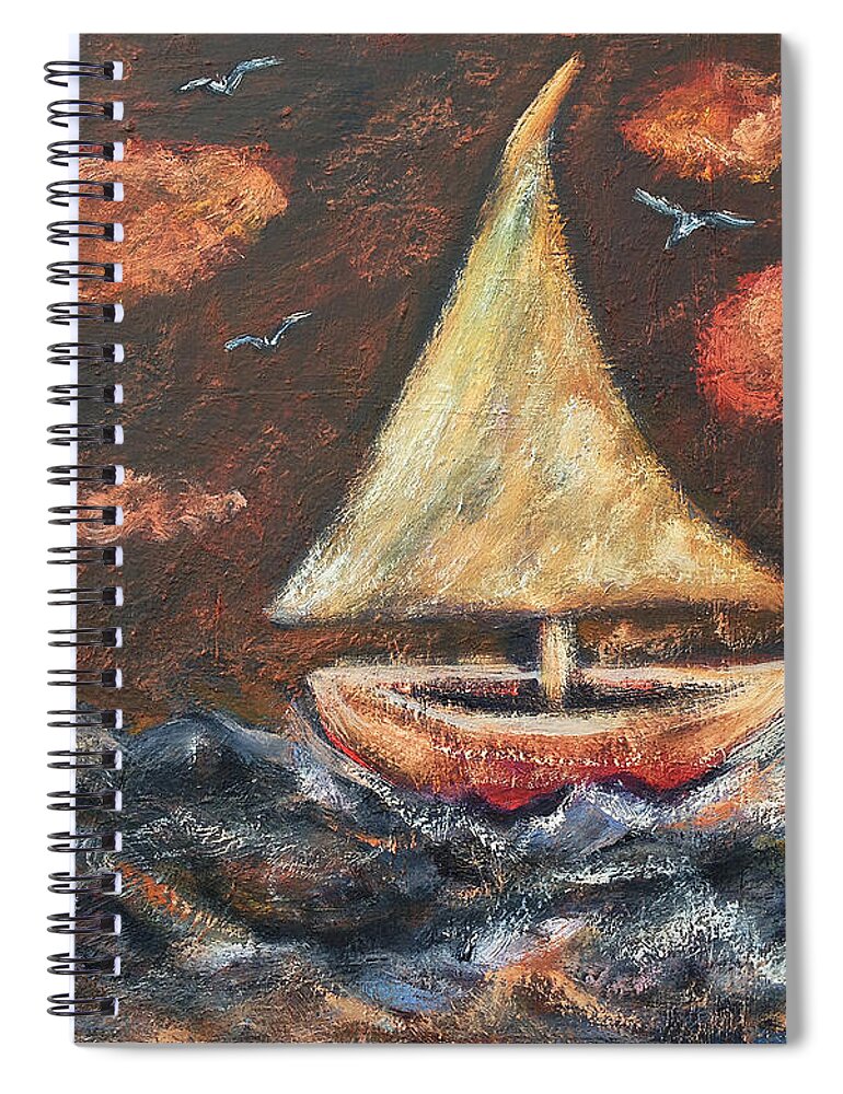 Katt Yanda Original Art Landscape Oil Painting Canvas Sailboat Waves Ocean See Sun Birds Spiral Notebook featuring the painting Sailboat at Sea by Katt Yanda