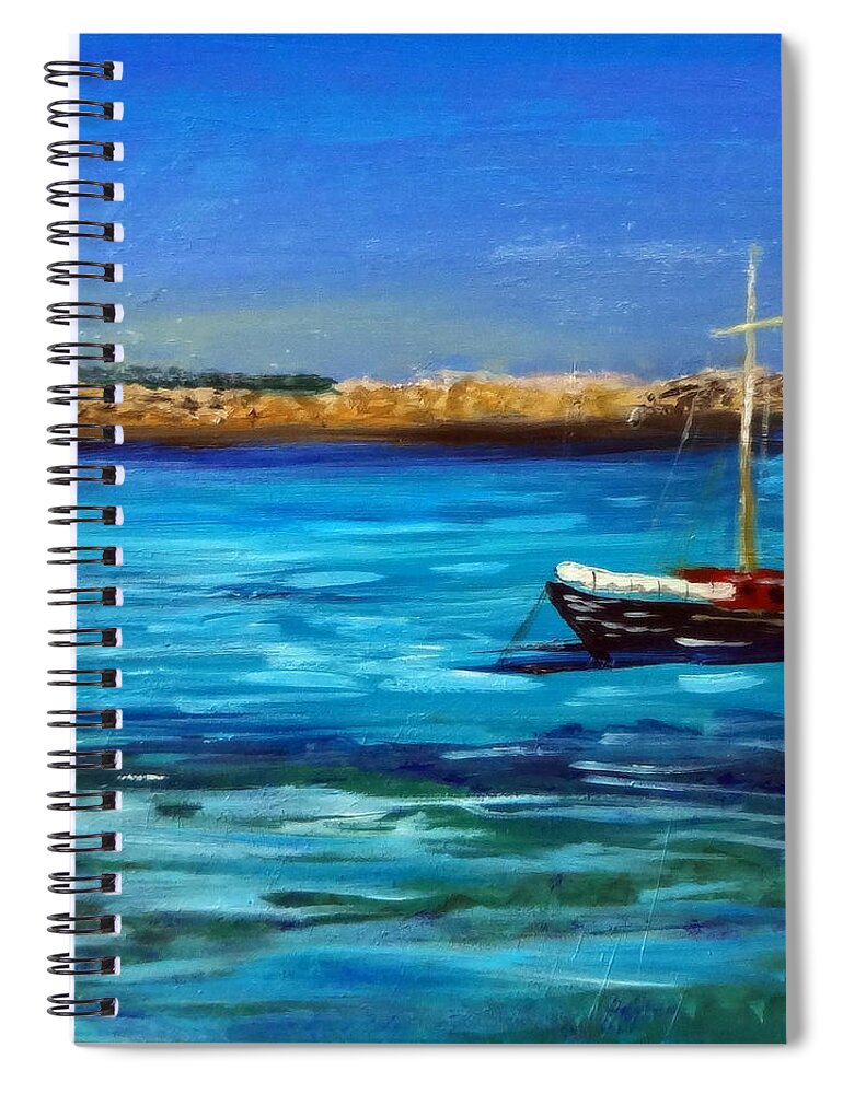 Seascape Spiral Notebook featuring the painting Sailboat off Karpathos Greece Greek Islands Sailing by Katy Hawk