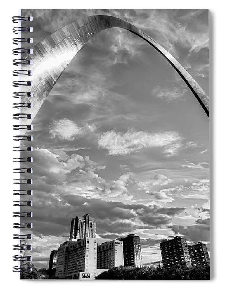 America Spiral Notebook featuring the photograph Saint Louis Skyline Morning Under the Arch - Black and White by Gregory Ballos