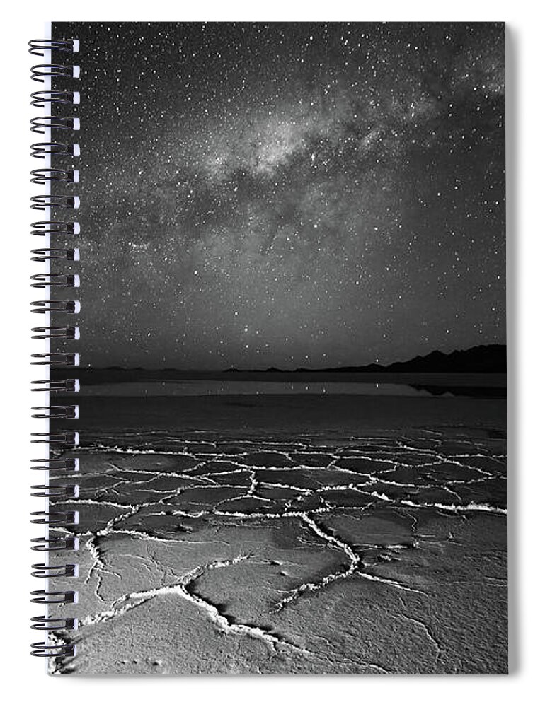 Astrophotography Spiral Notebook featuring the photograph Salar de Uyuni Textures and Milky Way in Monochrome Bolivia by James Brunker