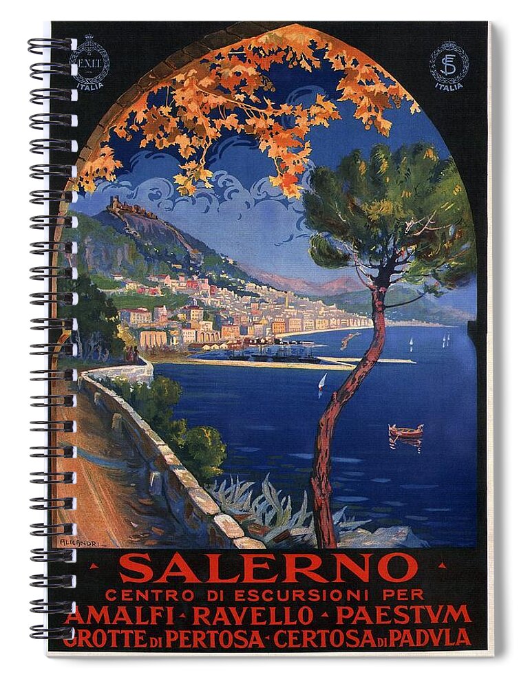 Salerno Spiral Notebook featuring the mixed media Salerno - Centro Di Escursioni Per Amalfi - Ravello - Paestvm - Retro travel Poster - Vintage Poster by Studio Grafiikka