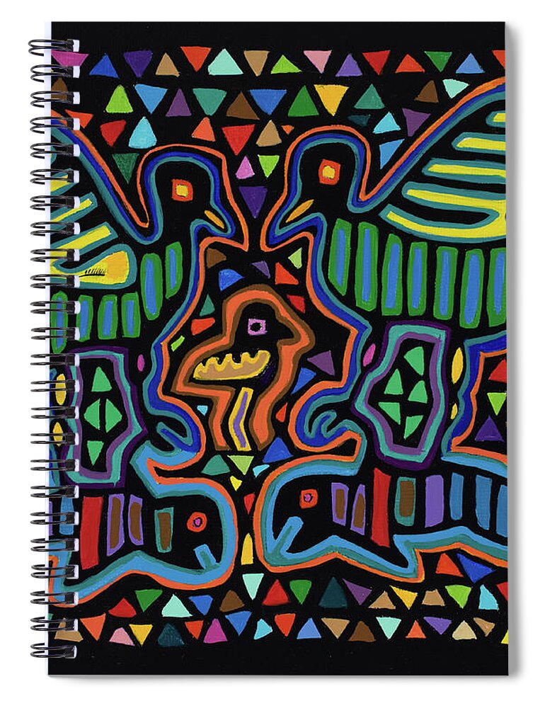 San Blas Designs Trapunto Quilts Acrylic Painting Ancient Designs Mole Primitive Painting Primitive Design Black Green Blue Yellow Spiral Notebook featuring the painting San Blas III by Pat Saunders-White