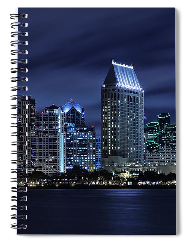 #faatoppicks Spiral Notebook featuring the photograph San Diego Skyline at Night by Larry Marshall
