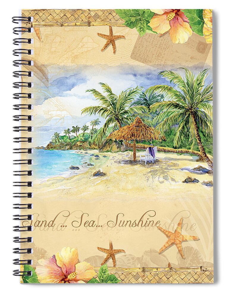 Woven Mat Spiral Notebook featuring the painting Sand Sea Sunshine on Tropical Beach Shores by Audrey Jeanne Roberts