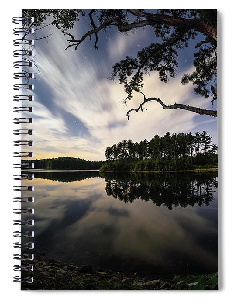 Sandra Sandra's Pond Reservoir Westboro Westborough Ma Mass Massachusetts Newengland New England U.s.a. Usa Water Lake Outside Outdoors Nature Serene Sky Clouds Stars Reflection Brian Hale Brianhalephoto Spiral Notebook featuring the photograph Sandra Pond at Night by Brian Hale