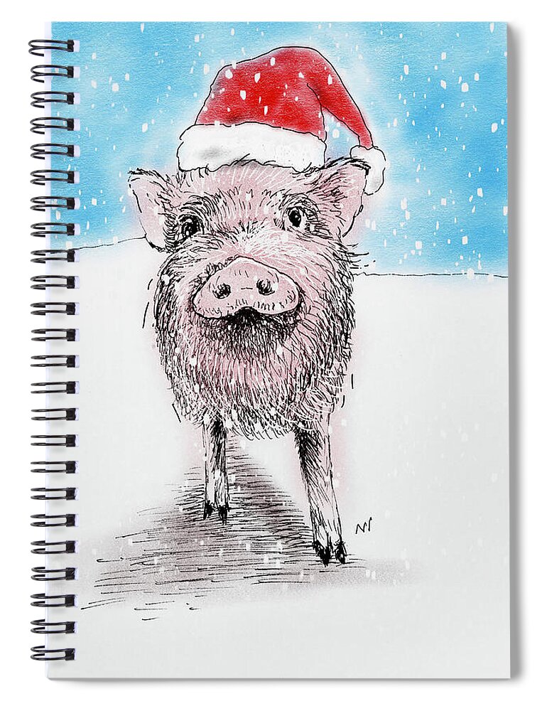 Happy Holidays Spiral Notebook featuring the mixed media Santa Piggy by AnneMarie Welsh