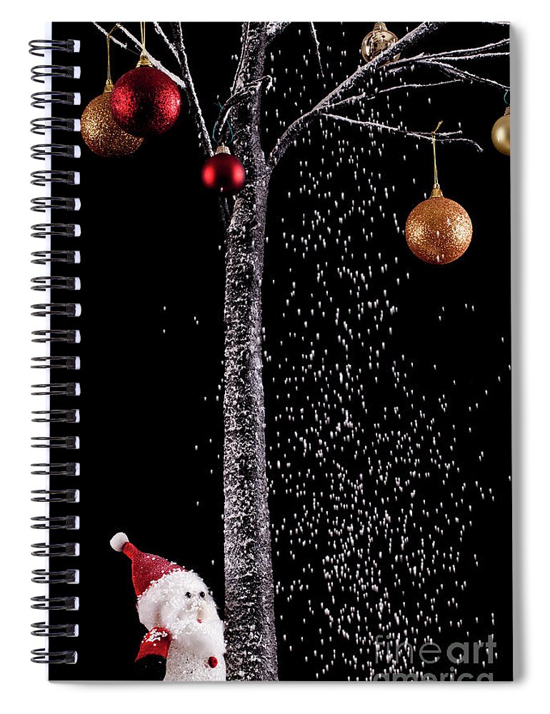 Xmas Spiral Notebook featuring the photograph Santa under a tree with snow on black background by Simon Bratt